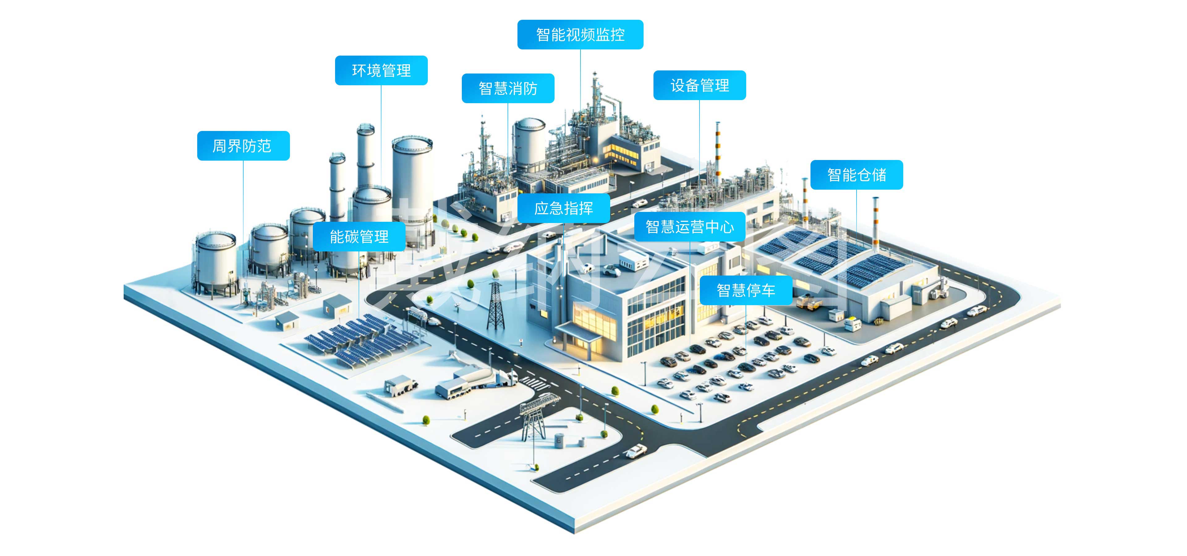 业务架构-周界防范、环境管理、智慧消防、智能视频监控系统、设备管理、智能仓储、能碳管理、应急指挥、智慧运营中心、智慧停车